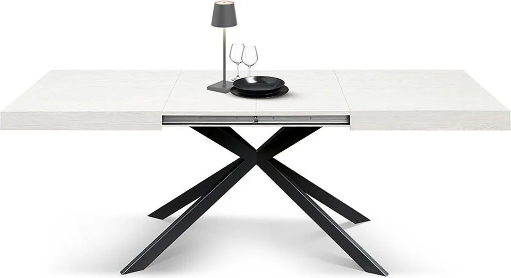 Stół drewniany, wykończenie białe, podstawa w kształcie litery X z antracytowego metalu, 180×90–260×90 - CAMAIORE