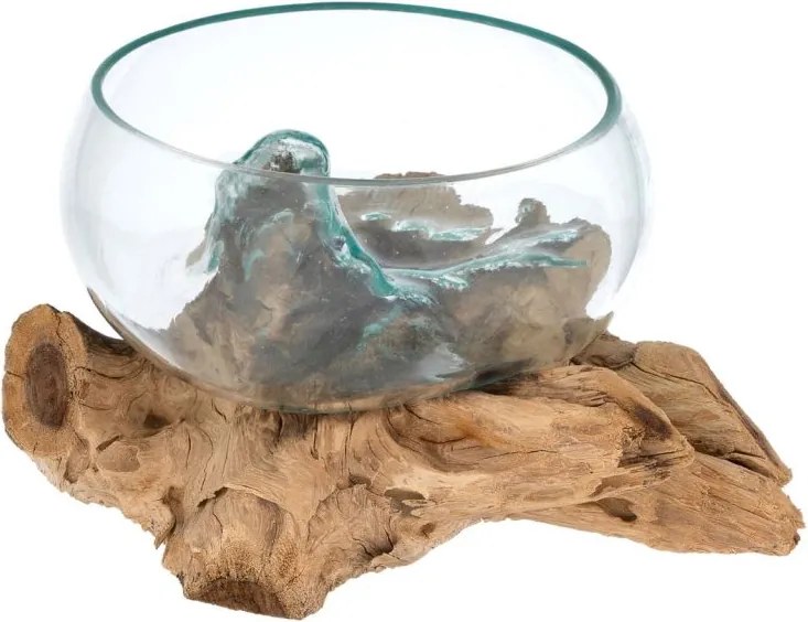 Ręcznie wykonana szklana miska na drewnie teakowym, 20 cm.
