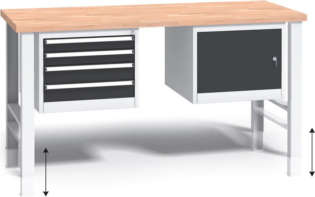 Stół warsztatowy z regulacją wysokości G3, 1700 x 685 x 840-1050 mm, 1x 4 szufladowy kontener, 1x szafka, grafitowy