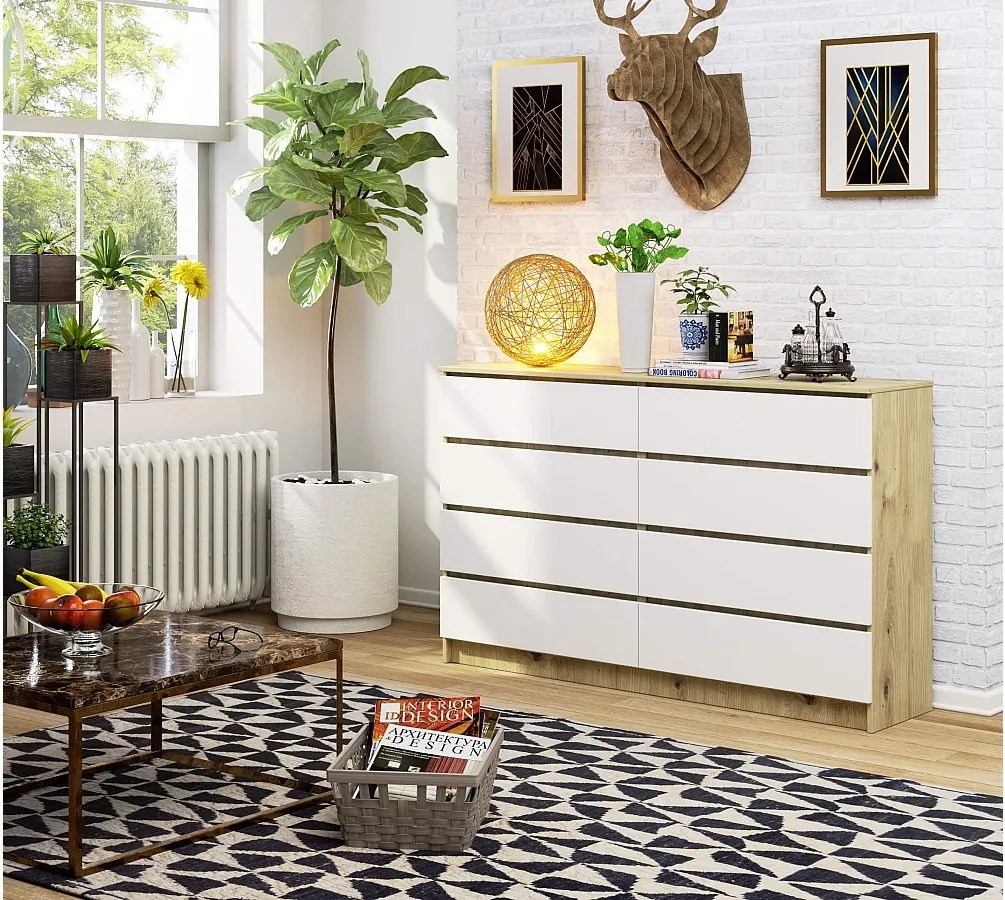 Komoda AKORD K160 Dąb Artisan 160 cm 8 szuflad kolor Biały mat 160x40x99 cm