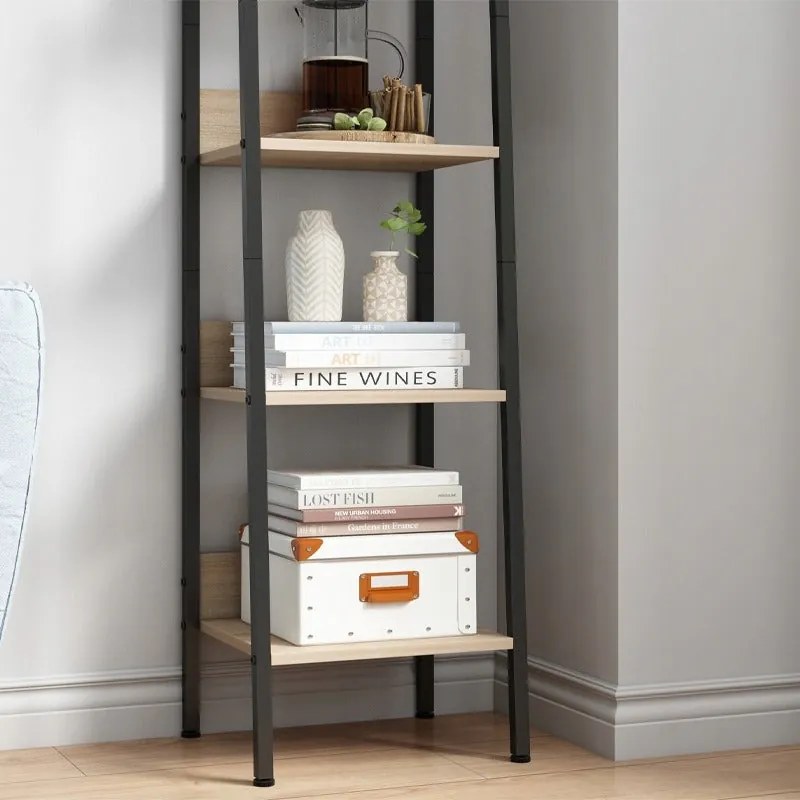 Industrialny wysoki regał stojący jasny brąz 5 półek drabinka na książki