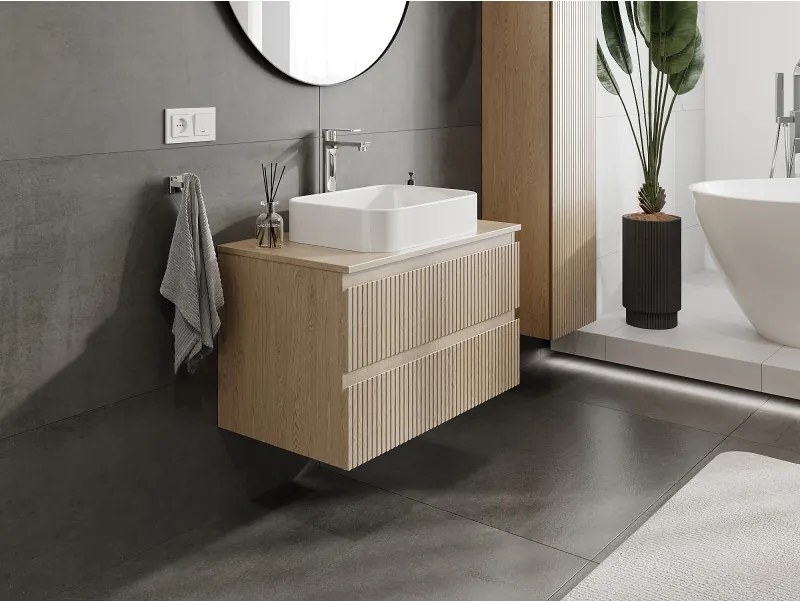 Mexen Rivel szafka łazienkowa podumywalkowa 80 cm z blatem, 2 szuflady, ryflowana , dąb - 91A20-08047-2-BFFC81