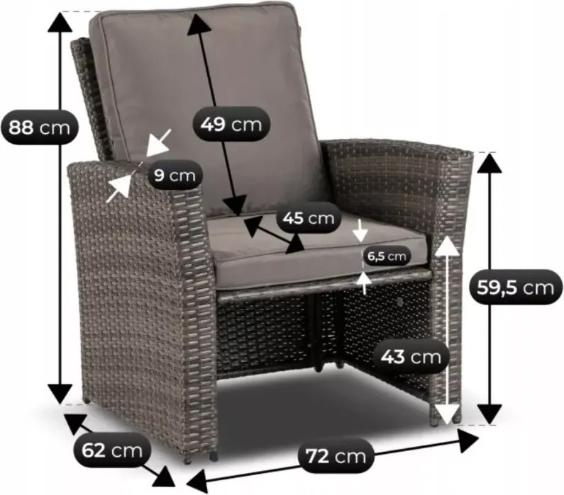 Zestaw mebli ogrodowych Arachi 2 fotele + sofa + stolik + 2 pufy szary taras balkon ogród