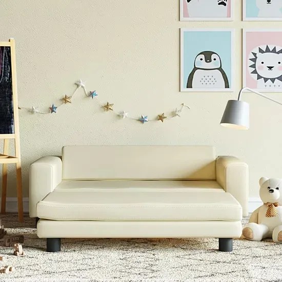 Kremowa sofa dla dziewczynki z podnóżkiem z ekoskóry - Lanco