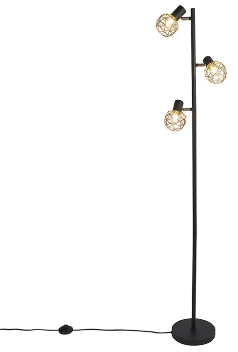 Designerska lampa stojąca czarna ze złotem 3-światłowa regulowana - Mesh Nowoczesny Oswietlenie wewnetrzne