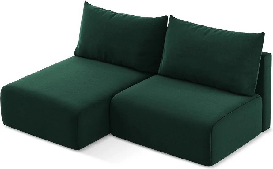 Ciemnozielony aksamitny rozkładany narożnik ze schowkiem (lewostronny/z szezlongiem) Kalena – Makamii