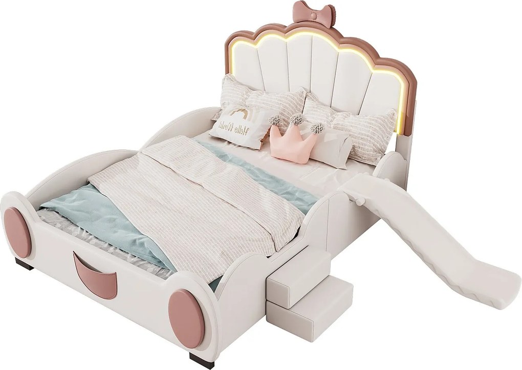 Łóżko dziecięce 140x200 cm - z oświetleniem LED, zjeżdżalnią i drabinką - poliuretan - różowo-biały - materac nie jest wliczony w cenę