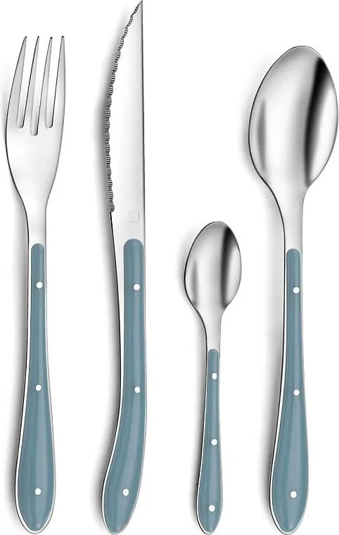 Zestaw sztućców 24 elementowy Bistro 1-2-3 w granatowym kolorze denim z kolorowymi uchwytami z polipropylenu i nitami ze stali nierdzewnej