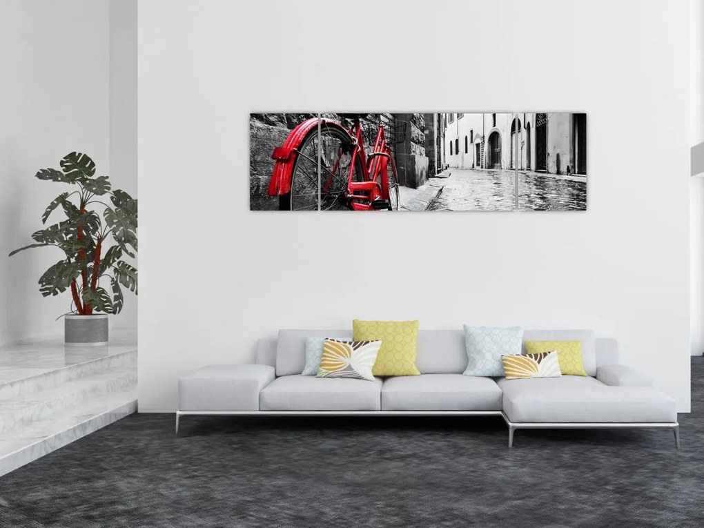 Obraz czerwonego roweru na brukowanej uliczce (170x50 cm)