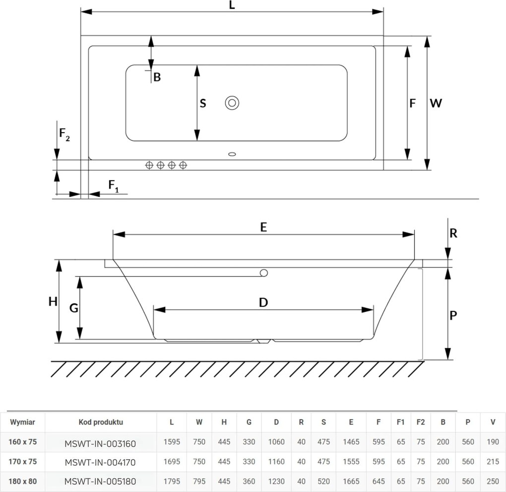 Wanna prostokątna 180 x 80 cm biała do zabudowy odpływ na środku + obudowa INDO MASSI