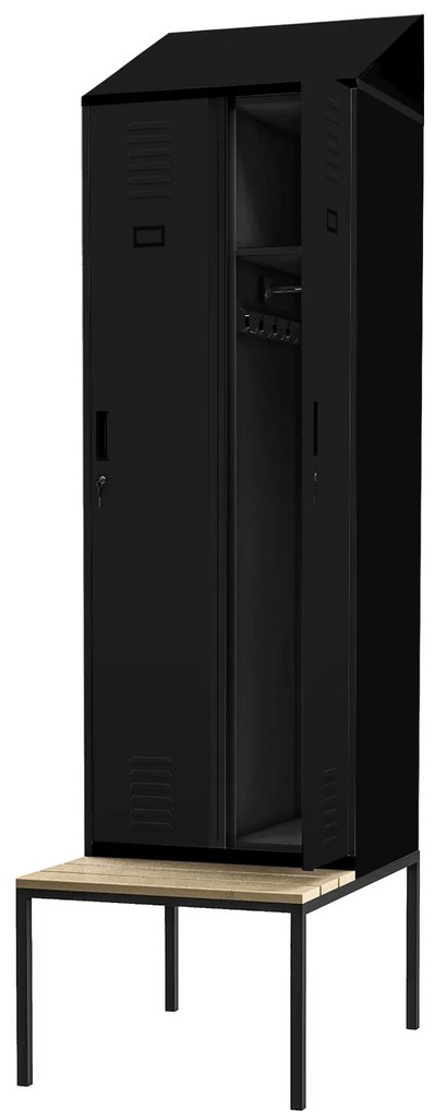 Szafka ubraniowa z ławką i daszkiem KACPER II PRO, 600 x 2295 x 850 mm, czarna