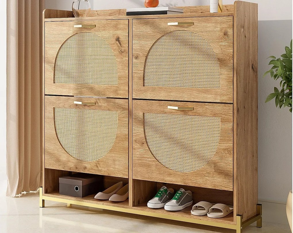 Szafa na buty 108.5x24x100 cm - 4 fronty z rattanu - Konstrukcja metalowa - MDF - Kolor naturalny