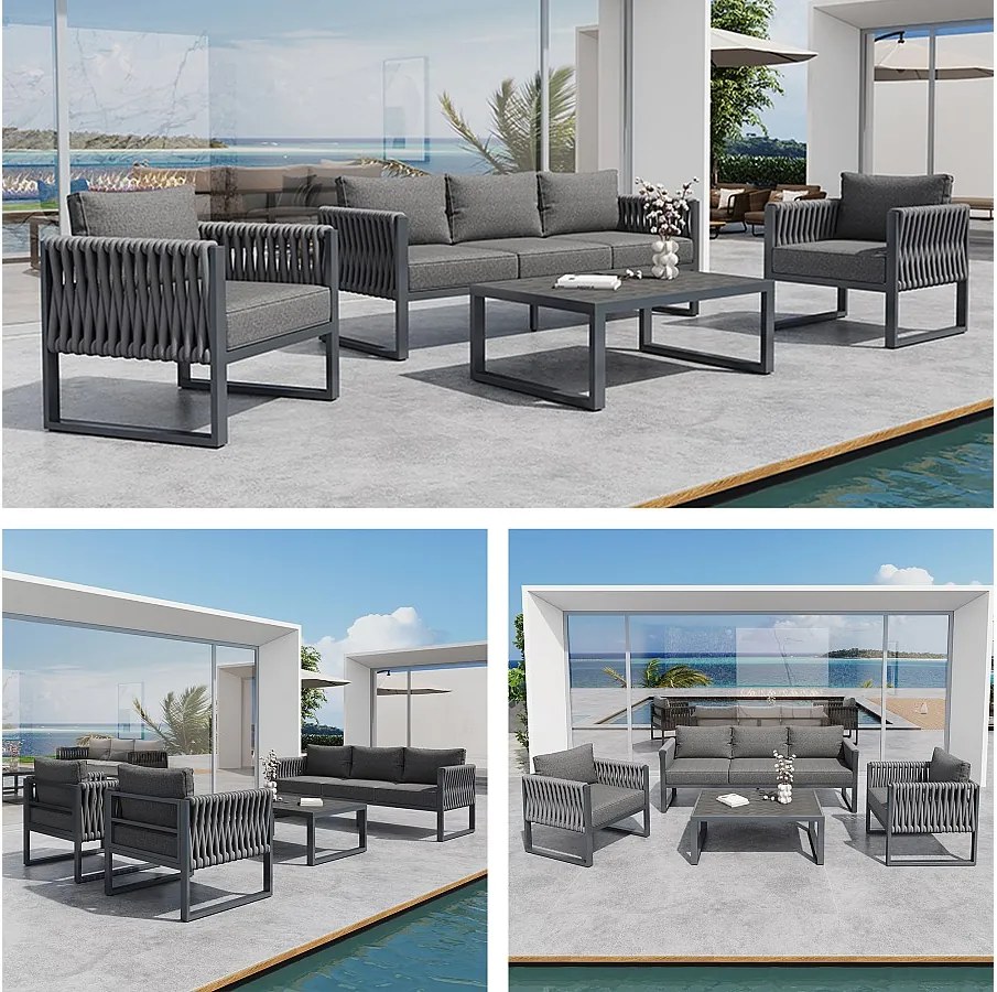 Zestaw mebli ogrodowych 5-osobowy - metalowa rama - z poduszkami + stolik + 2 fotele + sofy - metal - szary