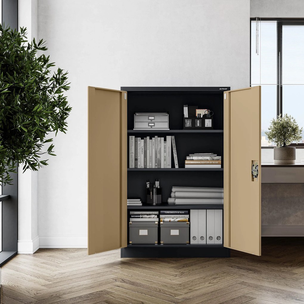 Szafa biurowa metalowa niska z 3 półkami antracytowa/orzech, 900x1400x400 mm: KEVIN Eco Design
