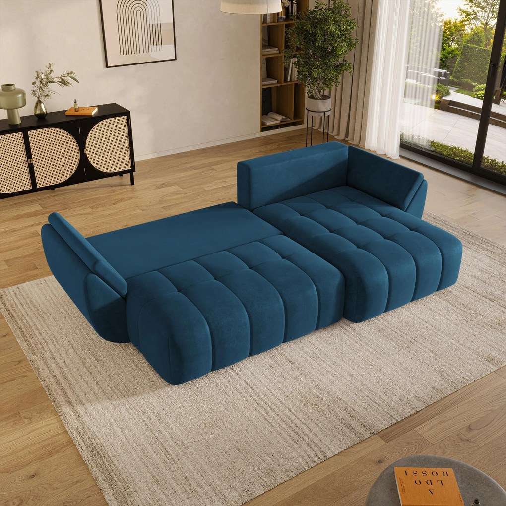 Masseno Narożnik OLSI z funkcją spania i pojemnikiem na pościel Narozniki L, Rozkładana sofa - Niebieski, MONOLITH 77