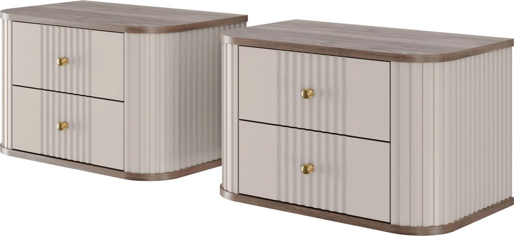 Zestaw szafek nocnych wiszących Vesper 56 cm - kaszmir / orzech / złote uchwyty