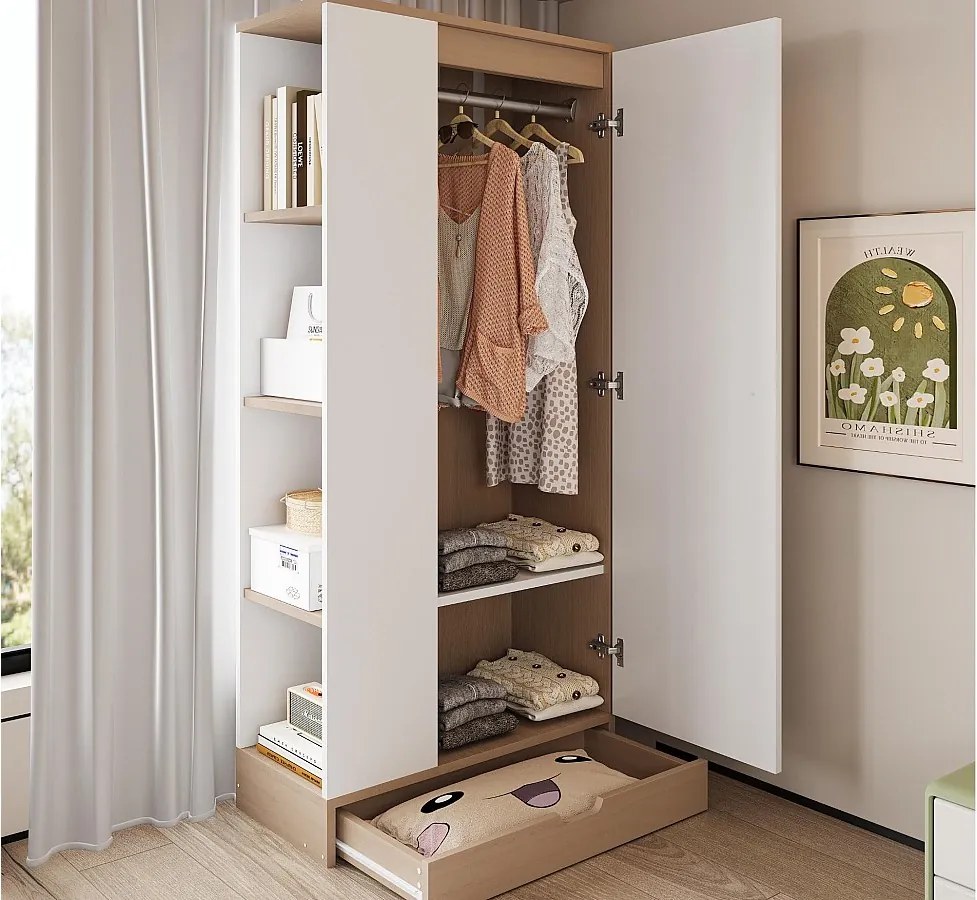 Szafa 70x40x170 cm - 1 drzwi i 1 szuflada z półką - Biała