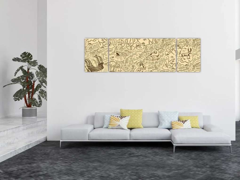 Obraz - Zabytkowa mapa, ilustracje (170x50 cm)