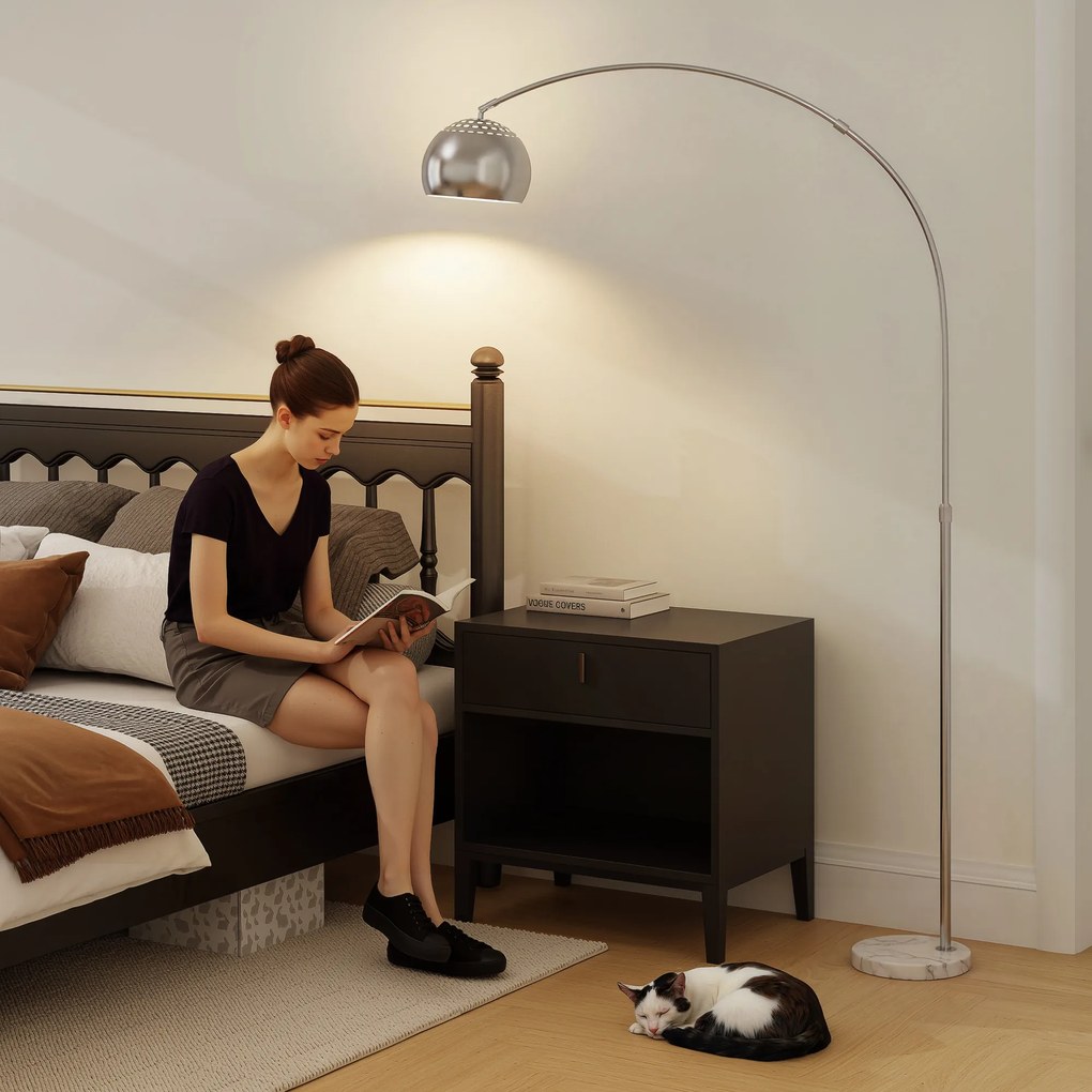 HOMCOM Lampa podłogowa, design łukowy z marmurową podstawą, 167 cm, srebrna | Aosom PL