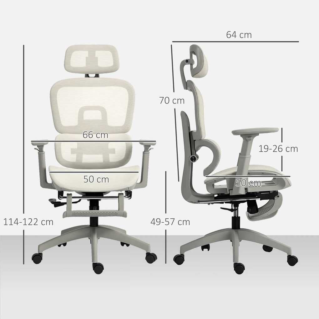 HOMCOM Fotel biurowy ergonomiczny z siatkowym obiciem, regulowany, na kółkach, z podłokietnikami i zagłówkiem, beżowy