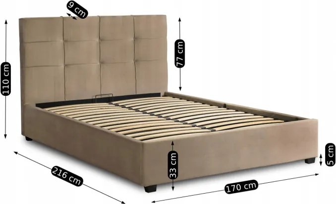 Łóżko Tapicerowane 160x200 cm ze Stelażem i Pojemnikiem Dwuosobowe TINGA Welurowe Beżowe Sypialniane