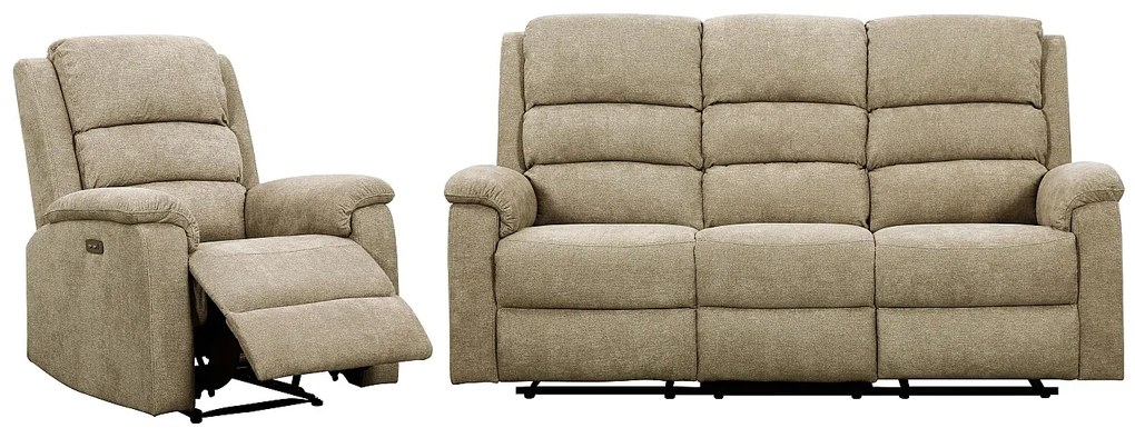 Kanapa 3-osobowa i fotel z elektryczną funkcją relax rozkładany z tkaniny taupe NEVERS