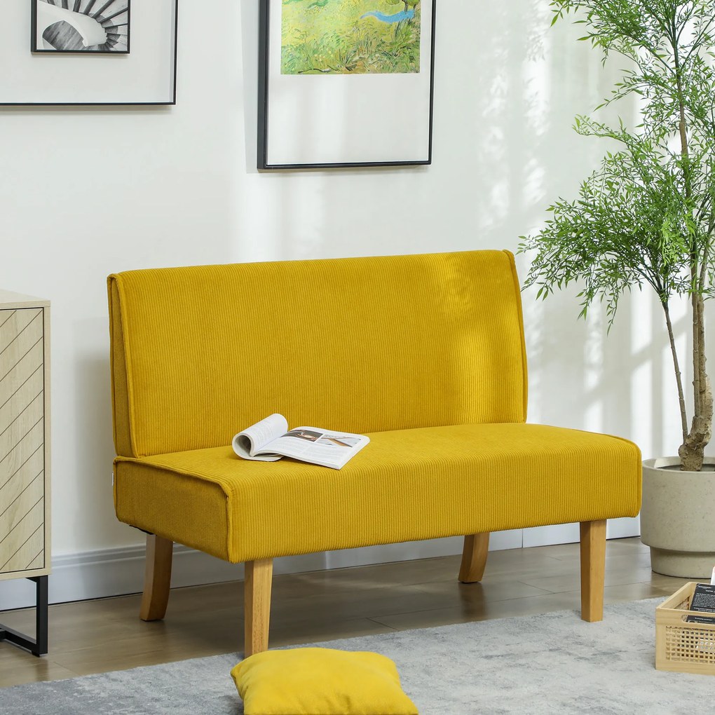 HOMCOM Sofa dwuosobowa z pokryciem kordowym, grubą tapicerką i solidnymi nogami drewnianymi do salonu, sypialni, biura, Żółty
