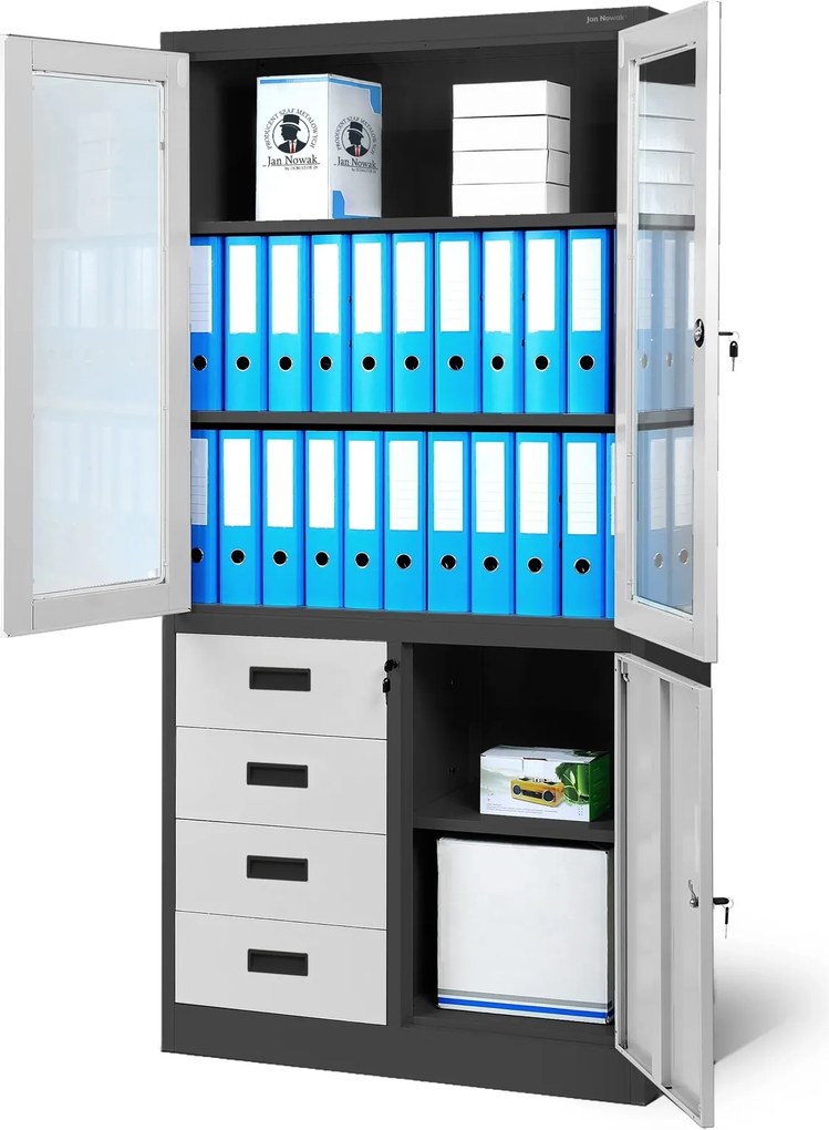 Szafa biurowa z przeszkloną gablotą Wiola 90x40x185 cm antracyt/biały