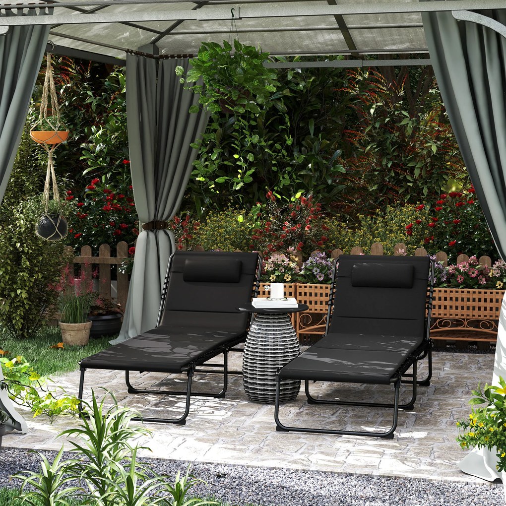 Outsunny Zestaw 2 leżaków składanych z poduszką, 5-stopniowo regulowane oparcie, kieszeń boczna, czarny | Aosom PL