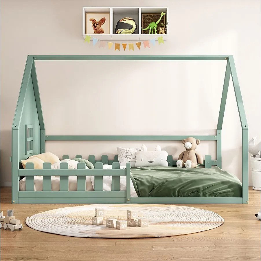 Łóżko kabinowe 140 x 200 cm z oknem - Drewno sosnowe + MDF - Stelaż listwowy w zestawie - Zielony