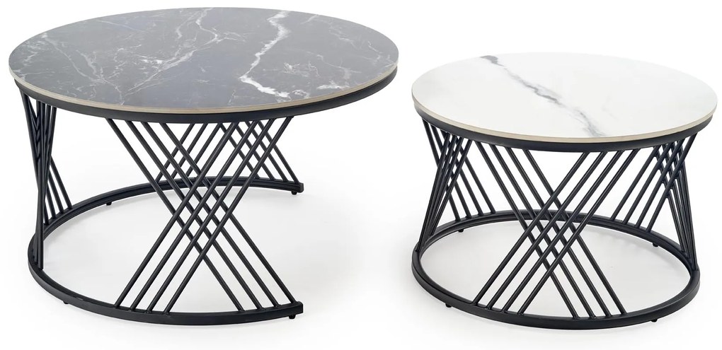 Zestaw 2 okrągłych ław, spiek czarny marmur/biały marmur/czarny 80/46 60/40 FLAMINGO