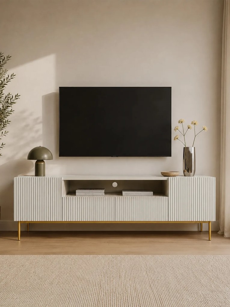 Szafka RTV Nicole 200 cm z wnęką i szufladami - kaszmir / złote nóżki