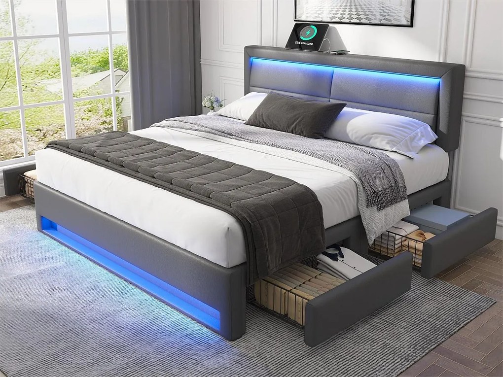 Łóżko podwójne 140x200 cm z ekoskóry z LED - 4 szuflady - z portami ładowania (przewodowym i bezprzewodowym) - Szare