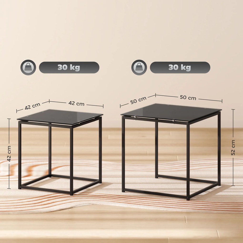 HOMCOM Zestaw 2 stolików pomocniczych, nowoczesny design, układane, stolik ze szkła, czarny