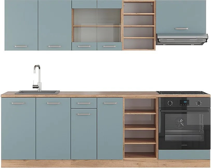 Zabudowa kuchenna niebiesko-szary/złoty dąb 240x60x81.6 r-line