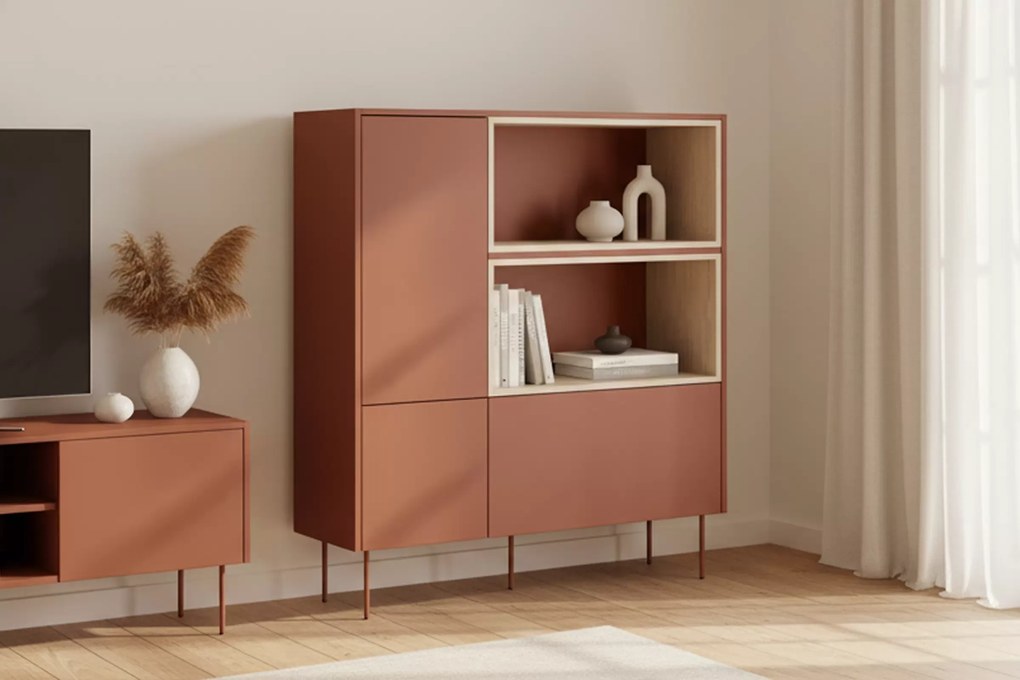 Komoda wysoka Desin 120 cm z wnękami, szufladą i metalowymi nogami - czerwony / ceramic red / dąb nagano