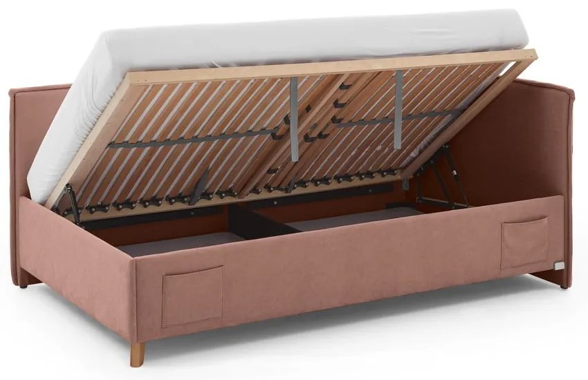 Różowe tapicerowane narożne łóżko dziecięce ze schowkiem ze stelażem 120x200 cm Fun – Meise Möbel