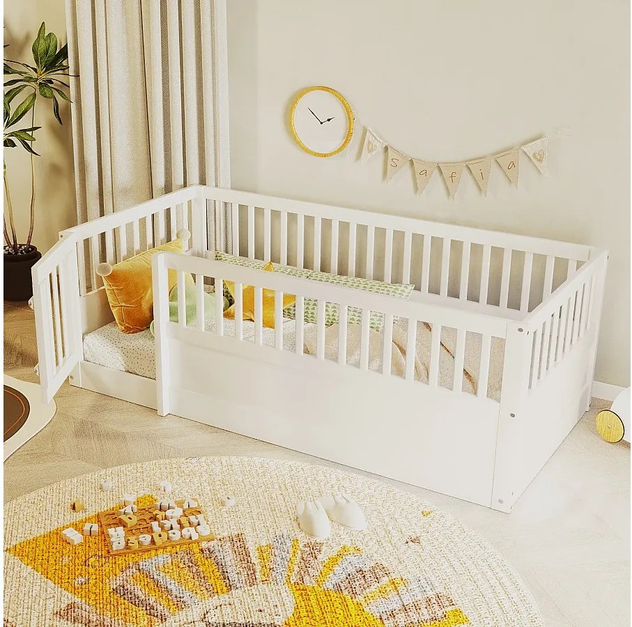 Łóżko dziecięce 90 x 200 cm bez stelaża z listwami i drzwiczkami sosna + sklejka + MDF - białe