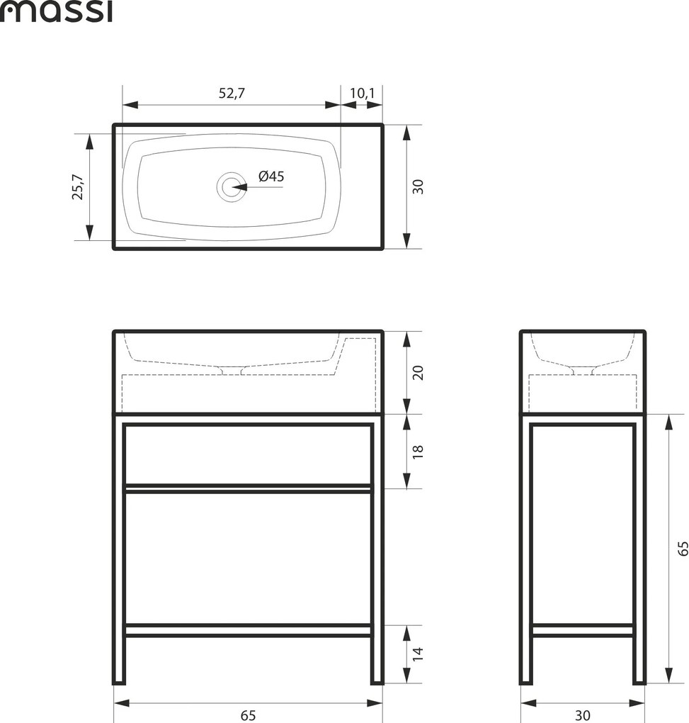 Umywalka betonowa prostokątna bez otworu na baterię 65 x 30 cm z półką ZALM i konsola