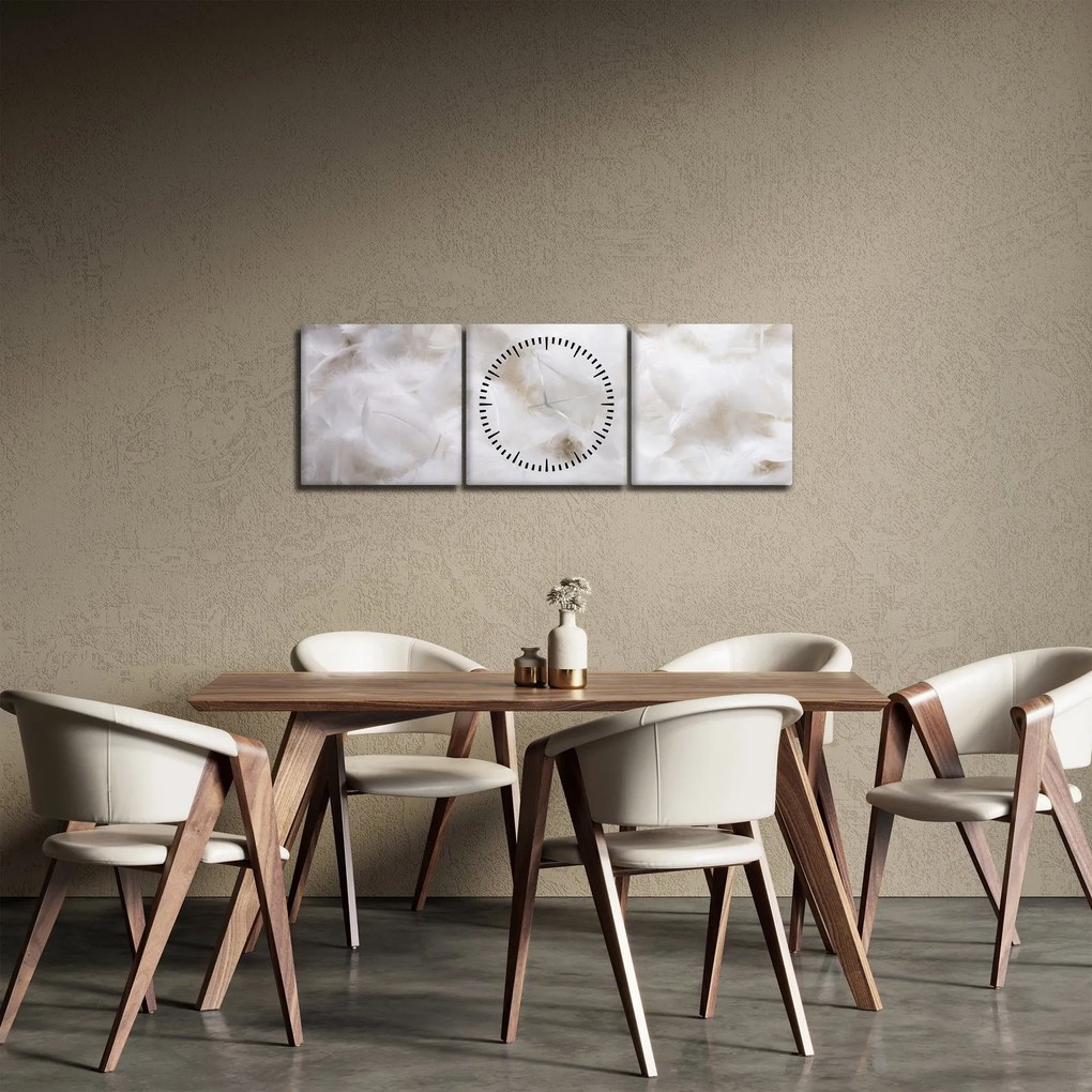 Obraz - Białe pióra (z zegarem) (90x30 cm)
