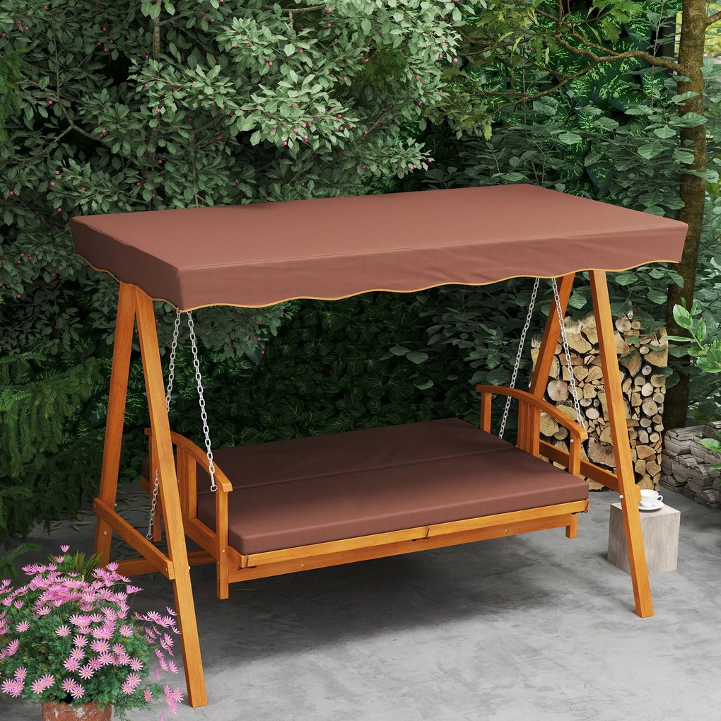Outsunny Huśtawka Ogrodowa z Daszkiem, Drewniana, z Funkcją Leżanki, na 3 Osoby, Brąz