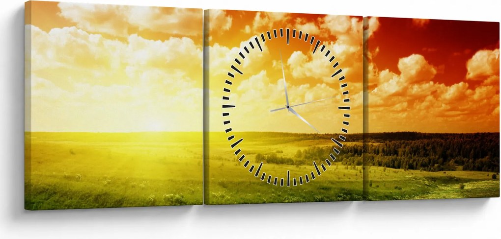 Obraz łąki ze świecącym słońcem (z zegarem) (90x30 cm)