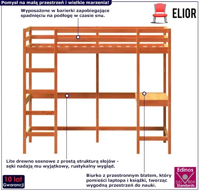 Brązowe pojedyncze łóżko piętrowe z biurkiem 80x200 - Interis 4X