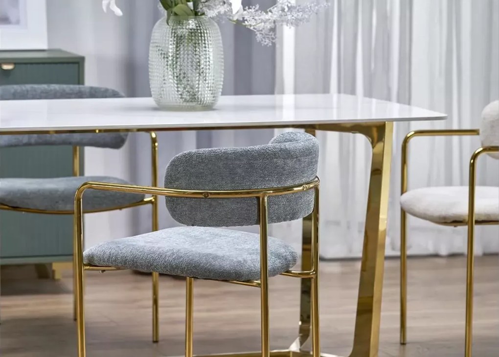 Elegancki stół Avignon 160x90 cm prostokątny blat ze spieku biały marmur i złote nogi