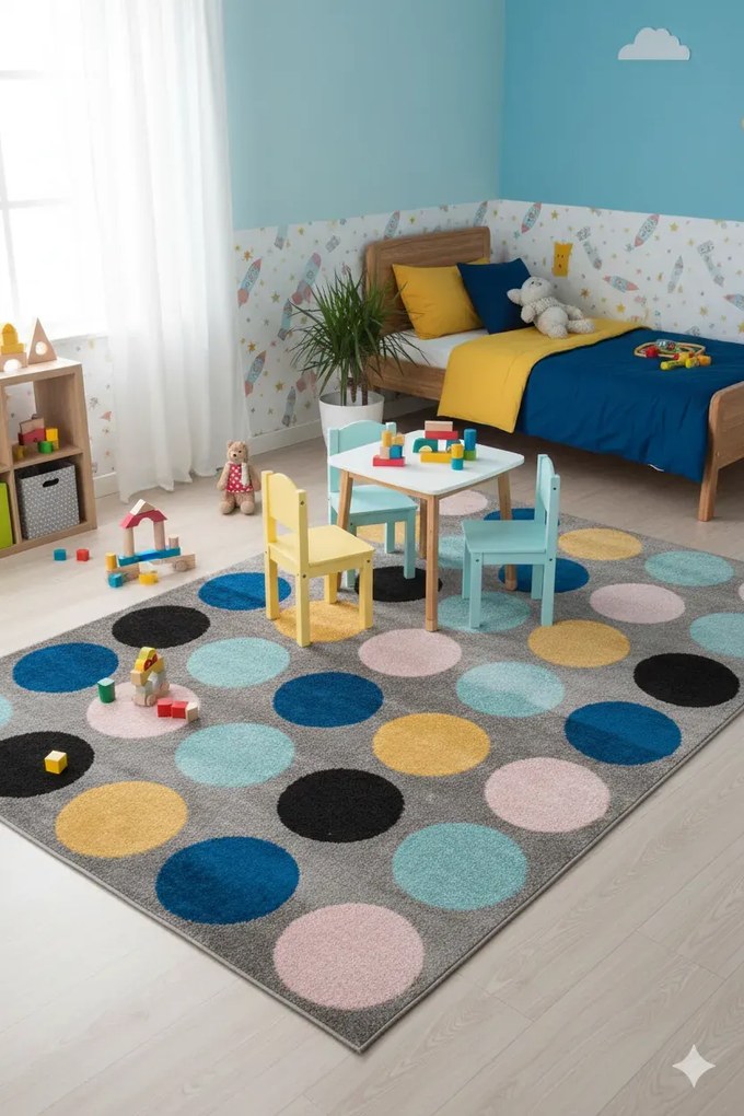 Szary dywan dziecięcy w kolorowe kropki P2-S14
