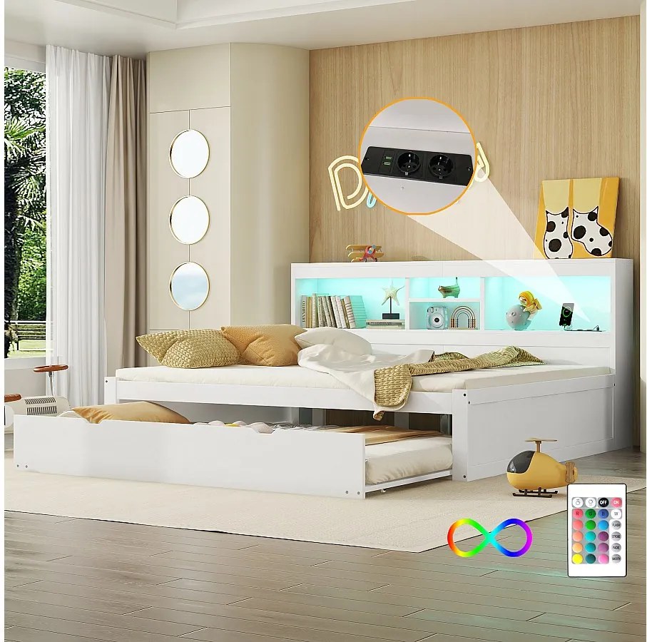 Łóżko wysuwane 140 x 200 cm + 90 x 190 cm z przegródkami i portami USB - LED - Płyta wiórowa + MDF - Białe (bez materaca)