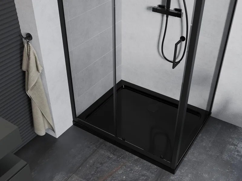 Mexen Apia kabina prysznicowa rozsuwana 90 x 80 cm, transparent, czarna + brodzik Flat, czarny - 840-090-080-70-00-4070B