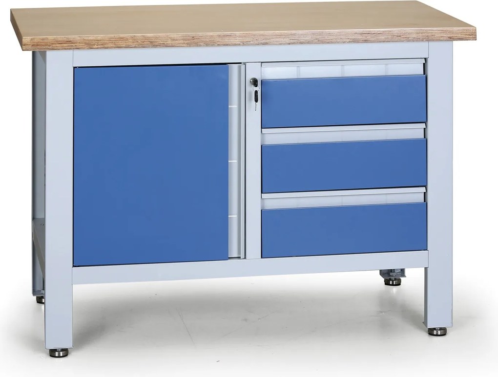 Stół warsztatowy G6, 3 szuflady, 1 szafka, 1200 x 600 x 860 - 900 mm, niebieski