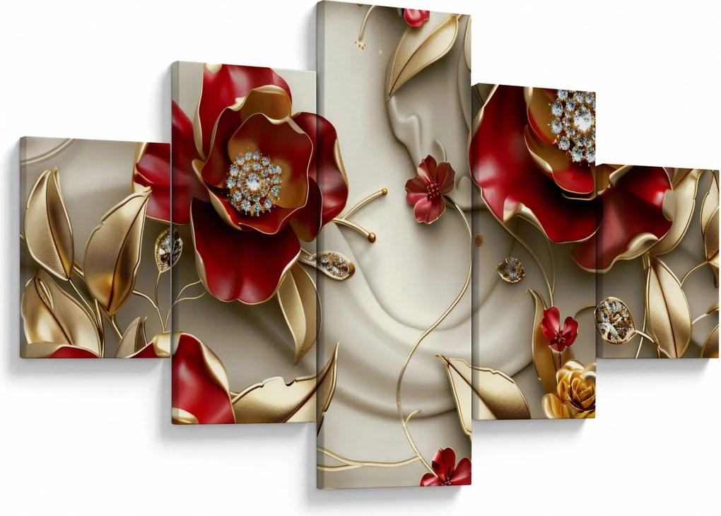 Obraz - 3D czerwono-złote kwiaty (125x70 cm)
