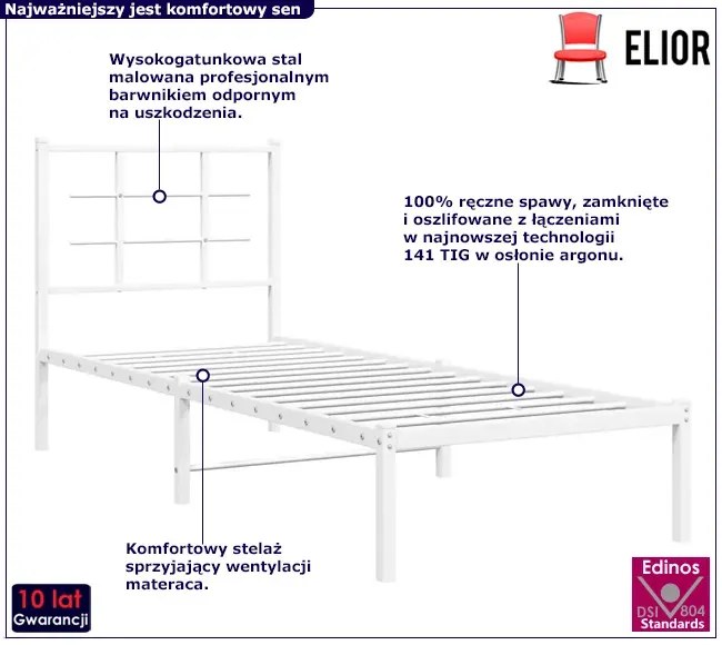 Białe metalowe łóżko jednoosobowe 90x200 cm Biały